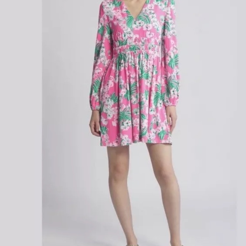 Lilly Pulitzer Pink and Green Pleated Sundress with Bishop Sleeves